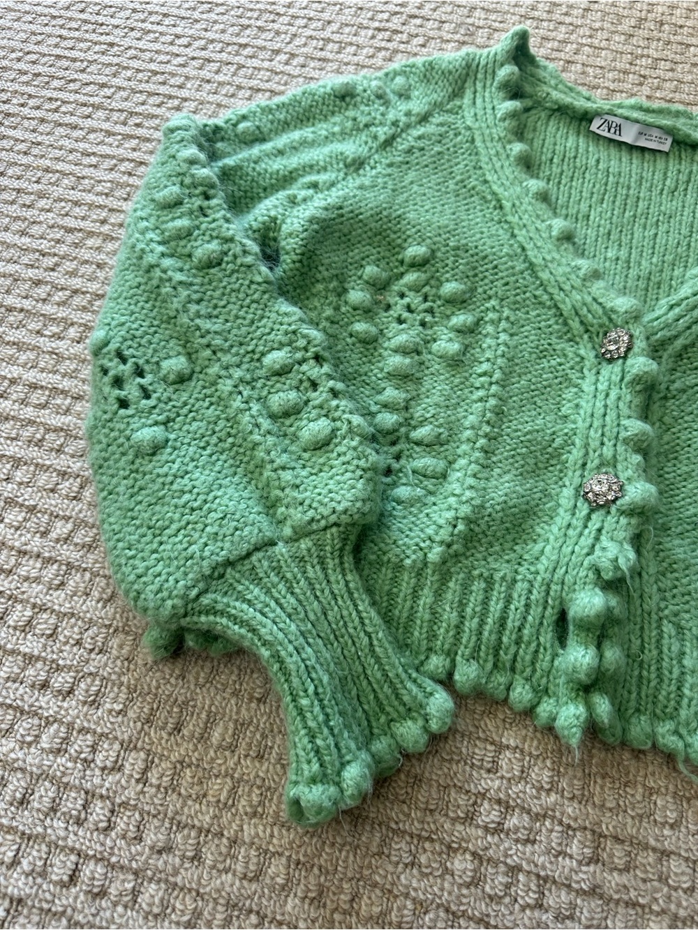 Zara Green Chunky Knit V-Neck Balloon Sleeves Wool Alpaca Blend Cardigan Sz M - Picture 3 of 7
